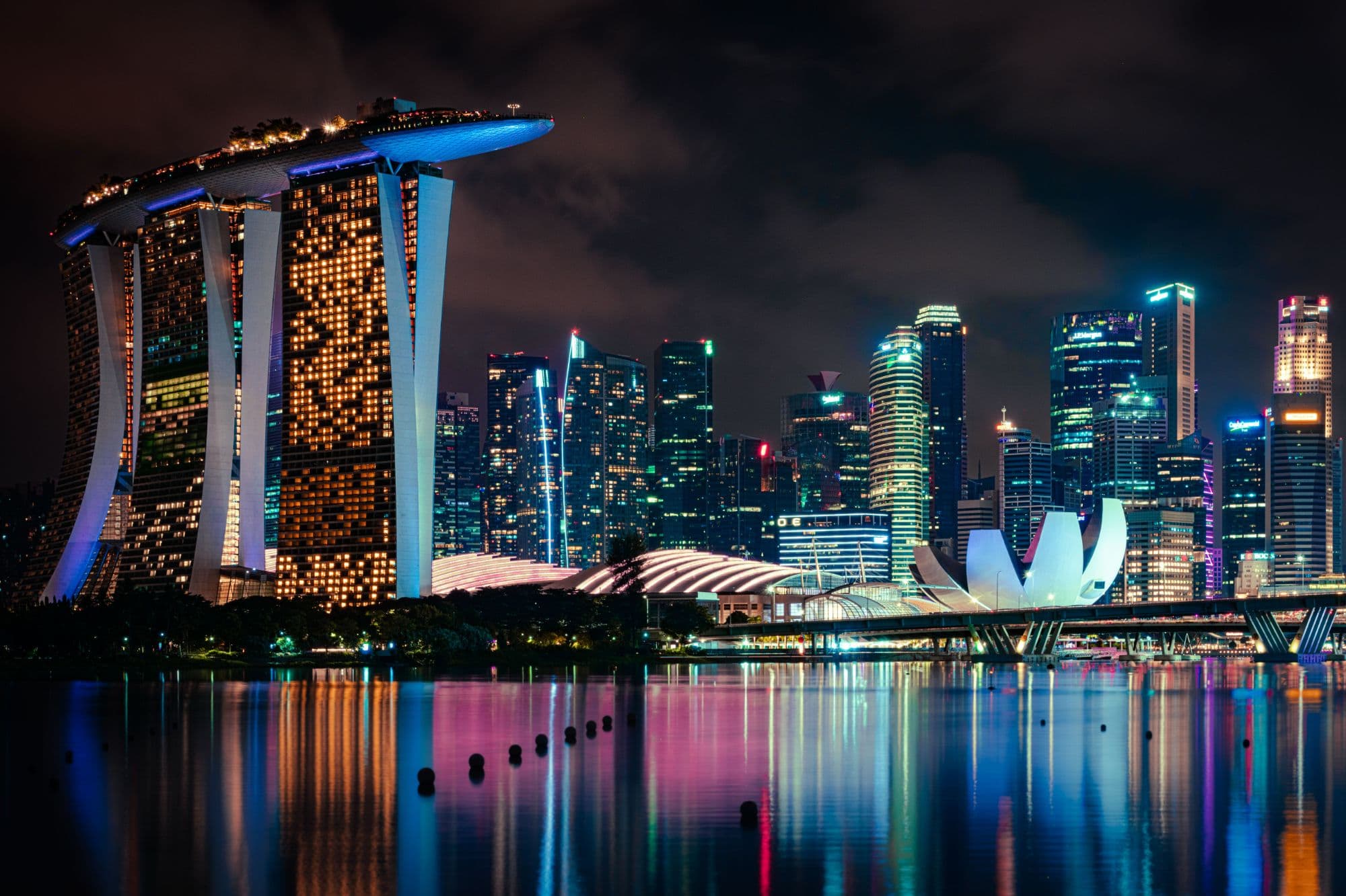 Marina Bay, Singapore at night: Marina Bay Sands and the downtown skyline reflected across the water